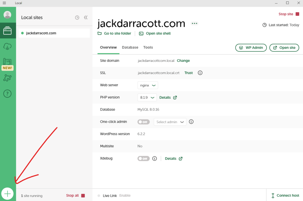 Local WordPress Development UI - Create a site button