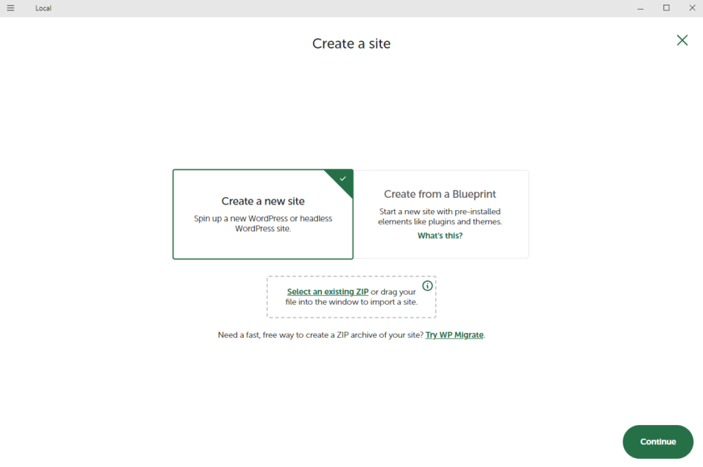 Local WordPress Development UI - Create a site step