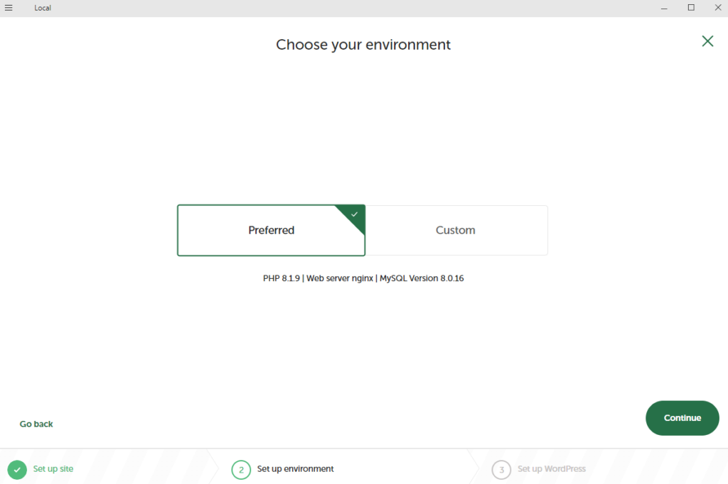 Local WordPress Development UI - Selecting the preferred environment.