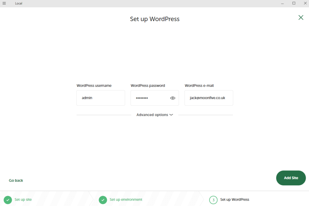 Local WordPress Development UI - Setting up the username and password.