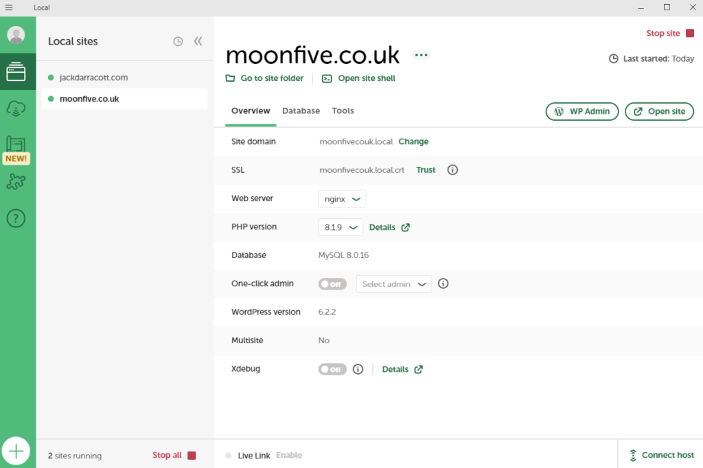 Local WordPress Development UI - Installed site dashboard